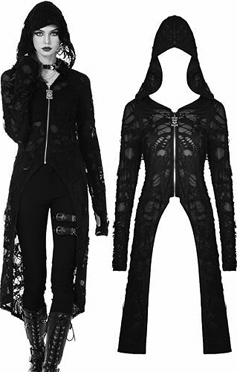 Ladies black punk distressed ripped long jacket