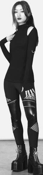 Killstar Neo Noir black nylon elastane jersey faux leather leggings with zips and fishnet inset .