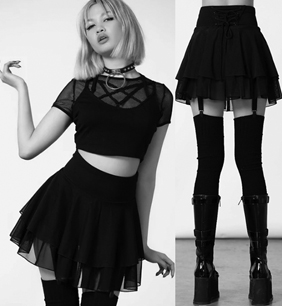 Killstar black stretch mesh Yasumi mini skirt with suspender straps, built in shorts, wide waistband 