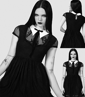 Killstar short sleeve black polyamide elastane lace Dreadful Babydoll dress with white collar