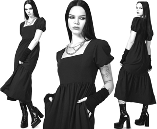 Killstar Effina black stretch poly elastane square neck, puff sleeve midi dress with pockets