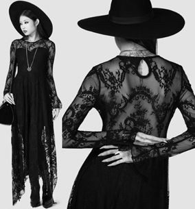 Killstar Shadow FIgure black polyamide elastane lace hanky hem maxi dress.