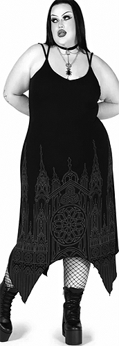 Killstar Unholy Oath black viscose elastane stretch fitted hanky hem cathedral print spaghetti strap maxi dress