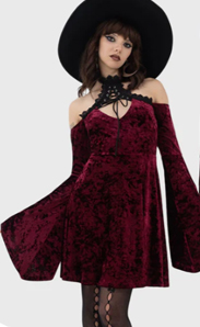 Killstar red poly elastane stretch velvet bell sleeve Eternal Shiver fit and flare cold shoulder dress