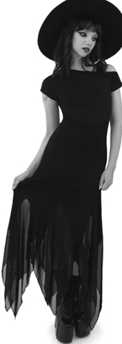 Killstar Hollow Night black viscose elastane poly stretch mesh off shoulder maxi dress with moon detail, hanky hem