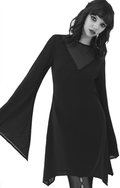 Killstar black poly elastane mesh draped long sleeve Last Dusk lined dress with mesh panel