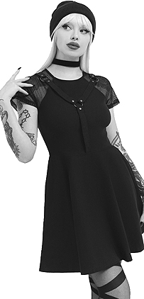 Killstar stretchy black poly elastane viscose Night Dusk short fishnet sleeve dress with chest strap, pockets