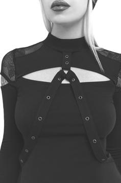 Killstar long fishnet sleeve strappy black cotton poly elastane Miss Masher keyhole front top 