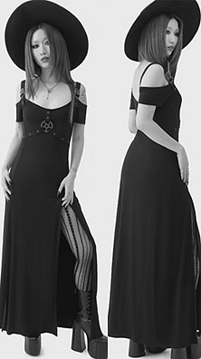 Killstar Serenova black stretch viscose elastane cold shoulder side slit maxi dress with pentagram hardwares