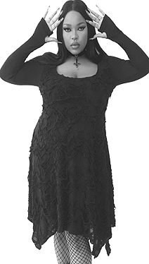 Killstar stretchy black poly elastane distressed stretch Shadows Hymn long sleeve hanky hem dress