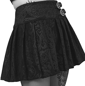 Killstar black stretch embossed poly elastane faux seude black lily print Batgirl mini skirt with pentagram buckles 