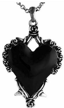 Silver black heart roses thorns necklace