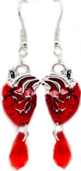 Red anatomical heart pendant earrings.