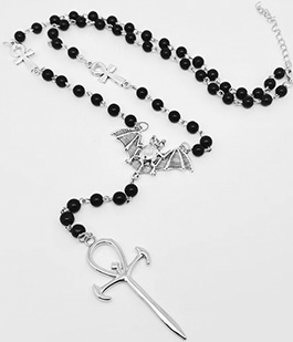 Mio Queena gothic metal bat and cross pendant beaded chain rosary necklace