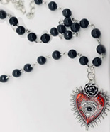 Gothic red devils eye pendant beaded rosary style chain necklace