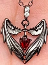 Black heart wing charm sterling silver pendant necklace