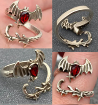 Gothic red cz silver plated devil wing adjustable ring