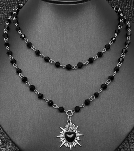 Mio Queena gothic black heart double layer crystal beaded rosary pendant