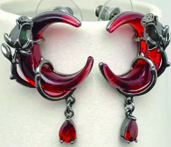 Gothic gunmetal black rose wrap red moon earrings