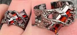 Gothic rectangle red glass thorn gunmetal claw adjustable ring