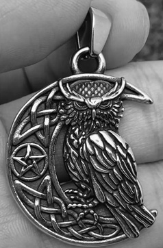 Mio Queena stainless steel owl on moon pendant