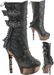 Pleaser/Demonia black pu 5 1/2 inch finger bone heel 1/2 inch platform women's Muerto mid calf boot with spikes, side lacing, inside zip, chrome bottom