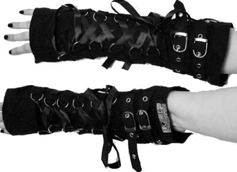 POizen INdustries black stretch lace up buckling Orchid armwarmers