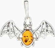 Cognac amber sterling silver small bat pendant  