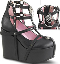 Pleaser/Demonia black pu 5 inch wedge cage bootie shoe with pink interior, back zip