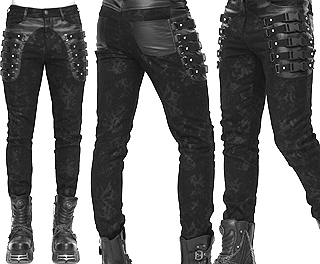 Punk Rave black fitted black men's baroque pattern matte vinyl synthetic leather pants with side buckles