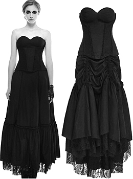 Punk Rave long gothic strapless black lace/linen back laced dress