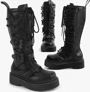 Pleaser/Demonia black vegan leather 2 inch platform 14 eye lace up mid calf inside zip Rebel combat boot