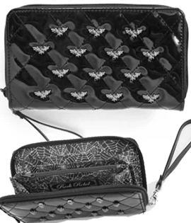 Rock Rebel black shiny vinyl ladies' zip wallet with bat studs