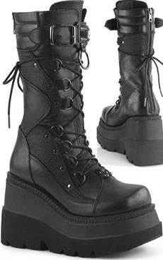 Pleaser/Demonia black pu vinyl 4 1/2 inch wedge platform women's Shaker shin high boot with back zip