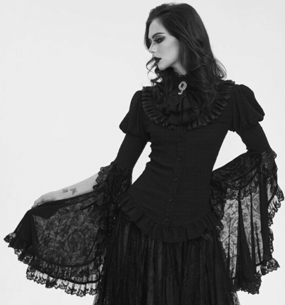 Devil Fashion Lace bell sleeve black gothic ruffled neck top