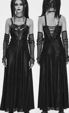 Dark in Love gothic pentagram poly synthetic leather shoulder strap maxi dress