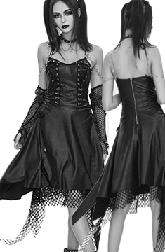 Dark in Love knee length black vinyl net lace up dress