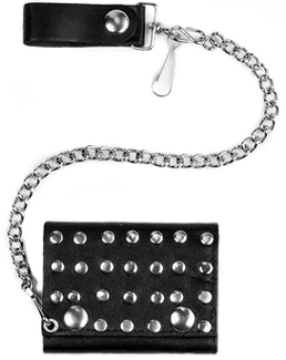 Mascorro Leather studded trifold black leather wallet with chain