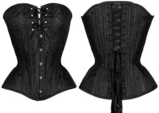 Black Iris black rose brocade hourglass overbust corset 20 flex spiral steel stays, 6 spring steel stays, steel busk closure, 3 layers fabric, waist tape, 6 garter loops