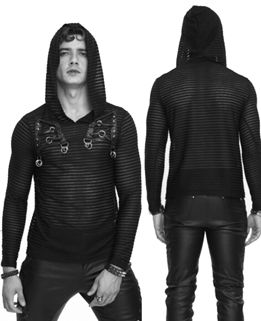 Devil Fashion black stripe mesh long sleeve pullover hooded men's shirt