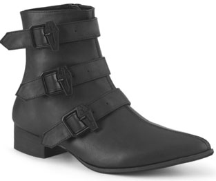 Pleaser/Demonia black vegan leather 1 1/2 inch block heel pointed toe calf high boot with side zip, with coffin buckles