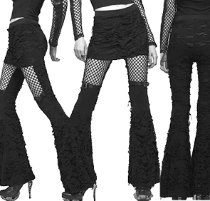 Gothic flared womens stretch pants with mesh inset panel