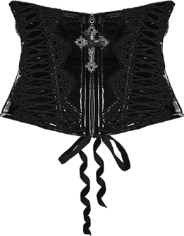 Gothic cross bat cross laced zip front black patent vinyl corset