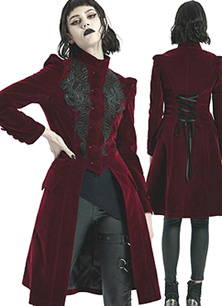 Punk Rave red velvet gothic long ladies' coat with back corset lacing